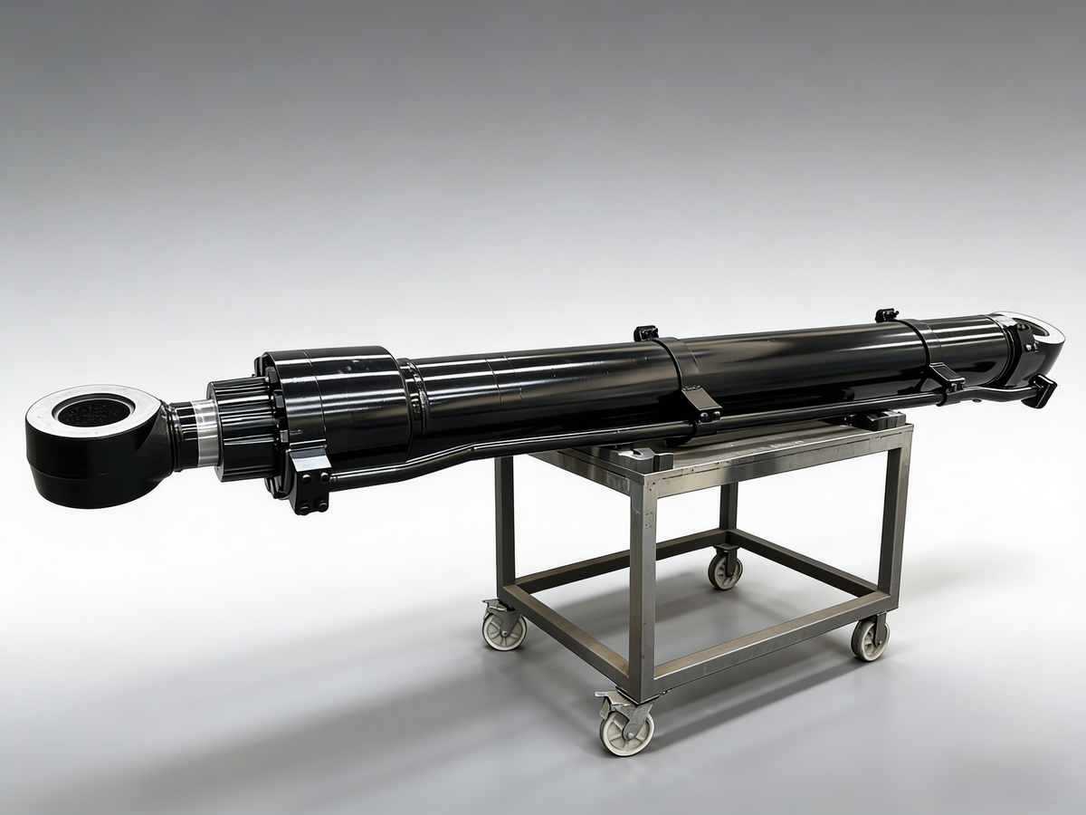 Complete large excavator hydraulic cylinder assembly on inspection stand