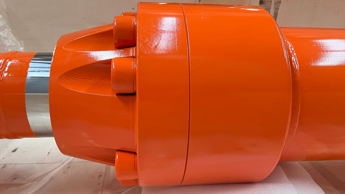 Close view of heavy duty excavator hydraulic cylinder assembly